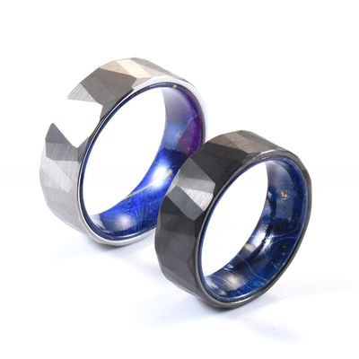 Blue Purple Box Elder Wood Inner Brushed Faceted Styles 8mm Classic Silver or Black Tungsten Ring for Men Wedding Bands