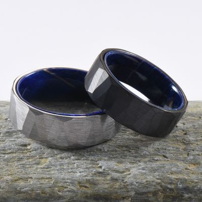 Blue Purple Box Elder Wood Inner Brushed Faceted Styles 8mm Classic Silver or Black Tungsten Ring for Men Wedding Bands