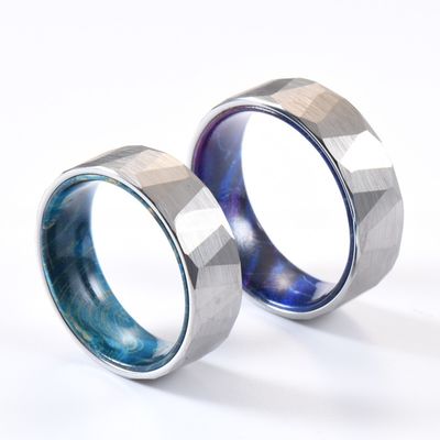 Blue Purple Box Elder Wood Inner Brushed Faceted Styles 8mm Classic Silver or Black Tungsten Ring for Men Wedding Bands