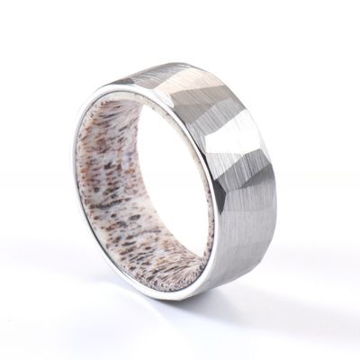 8mm Deer Antler Brushed Faceted Hammered Tungsten Wedding Ring for Men Comfort Fit Hunting Ring Comfortable and Stylish