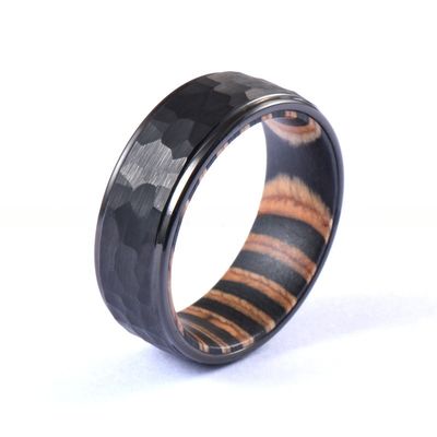 Wedding Bands or Rings Style Black Tungsten Hammered Ring 8mm Step Edge Box Elder Wood Ideal for Party Celebration