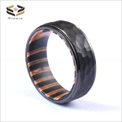 Wedding Bands or Rings Style Black Tungsten Hammered Ring 8mm Step Edge Box Elder Wood Ideal for Party Celebration