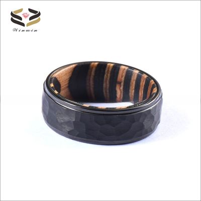 Wedding Bands or Rings Style Black Tungsten Hammered Ring 8mm Step Edge Box Elder Wood Ideal for Party Celebration