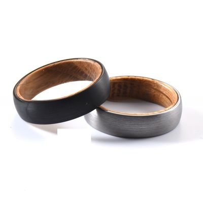 TRENDY 6mm Silver or Black Plated Whiskey Barrel Wood Tungsten Ring for Men's and Women's Wedding or Engagement Band