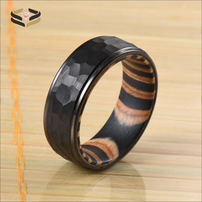 Wedding Bands or Rings Style Black Tungsten Hammered Ring 8mm Step Edge Box Elder Wood Ideal for Party Celebration