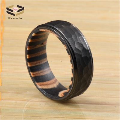 Wedding Bands or Rings Style Black Tungsten Hammered Ring 8mm Step Edge Box Elder Wood Ideal for Party Celebration