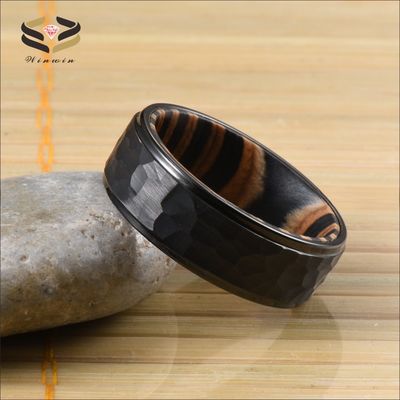 Wedding Bands or Rings Style Black Tungsten Hammered Ring 8mm Step Edge Box Elder Wood Ideal for Party Celebration