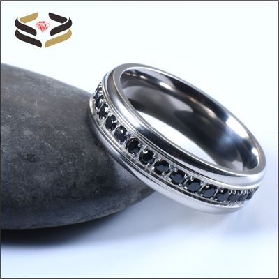Women Titanium Wedding Rings 6mm With Black Cubic Zirconia Inlay