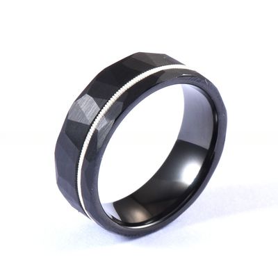 Mens Fashion Black Faceted Finish Hammered Tungsten Wedding Band With White Guitar String Inlay Comfort Fit Invisible Setting
