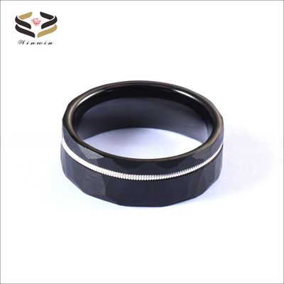 Mens Fashion Black Faceted Finish Hammered Tungsten Wedding Band With White Guitar String Inlay Comfort Fit Invisible Setting