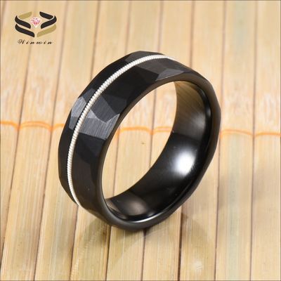 Mens Fashion Black Faceted Finish Hammered Tungsten Wedding Band With White Guitar String Inlay Comfort Fit Invisible Setting