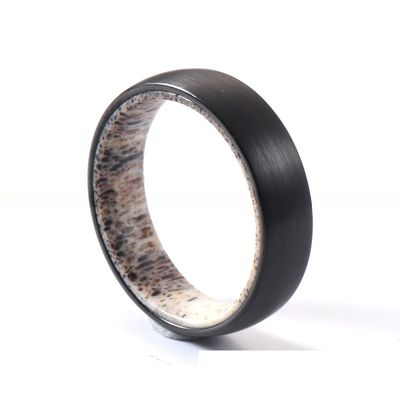6mm Silver or Black Plated Wedding Engagement Band with Natural Deer Antler Inside Dome Edges Comfort Fit Geometric Shape