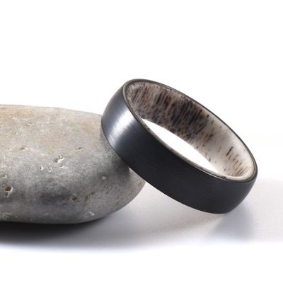 6mm Silver or Black Plated Wedding Engagement Band with Natural Deer Antler Inside Dome Edges Comfort Fit Geometric Shape