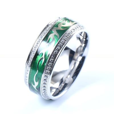Men Silver Titanium Cubic Zirconia Wedding Band With Silver Clouds And Green Foil Inlay