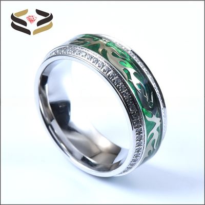 Men Silver Titanium Cubic Zirconia Wedding Band With Silver Clouds And Green Foil Inlay
