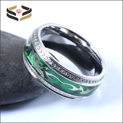 Men Silver Titanium Cubic Zirconia Wedding Band With Silver Clouds And Green Foil Inlay