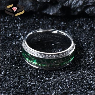 Men Silver Titanium Cubic Zirconia Wedding Band With Silver Clouds And Green Foil Inlay