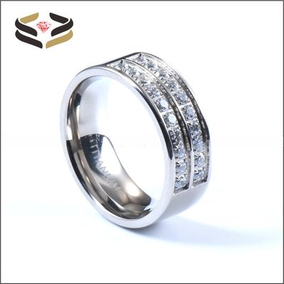 Men Wedding Silver Titanium Rings 8mm With Cubic Zircon Inlay