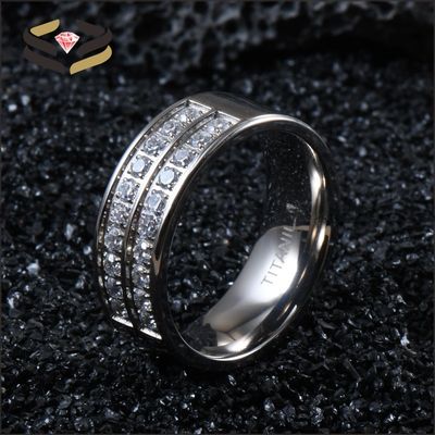 Men Wedding Silver Titanium Rings 8mm With Cubic Zircon Inlay