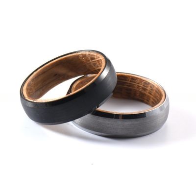 Tungsten Ring Men's Women's 6mm Silver or Black Plated Wedding Band with Whiskey Barrel Wood Inside Beveled Edges Comfort Fit