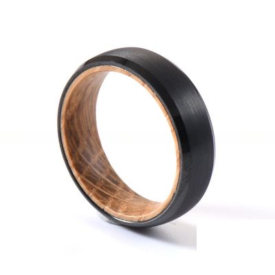 Tungsten Ring Men's Women's 6mm Silver or Black Plated Wedding Band with Whiskey Barrel Wood Inside Beveled Edges Comfort Fit