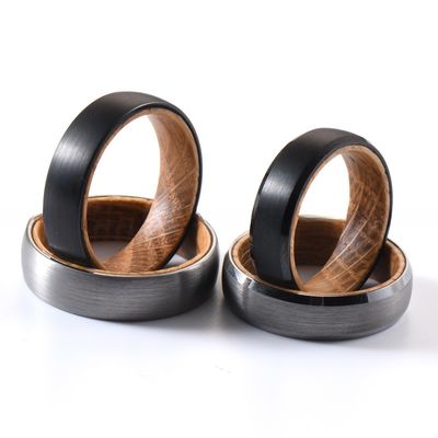 Tungsten Ring Men's Women's 6mm Silver or Black Plated Wedding Band with Whiskey Barrel Wood Inside Beveled Edges Comfort Fit