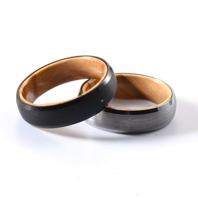 Men's or Women's 6mm Tungsten Ring with Silver or Black Plating Olive Wood Inlay and Beveled Edges