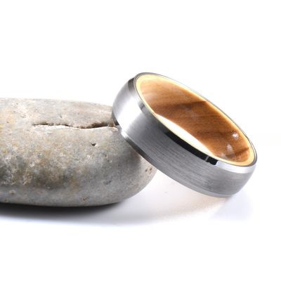 Men's or Women's 6mm Tungsten Ring with Silver or Black Plating Olive Wood Inlay and Beveled Edges