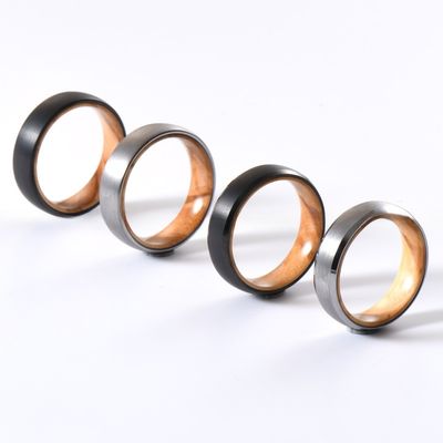 Men's or Women's 6mm Tungsten Ring with Silver or Black Plating Olive Wood Inlay and Beveled Edges