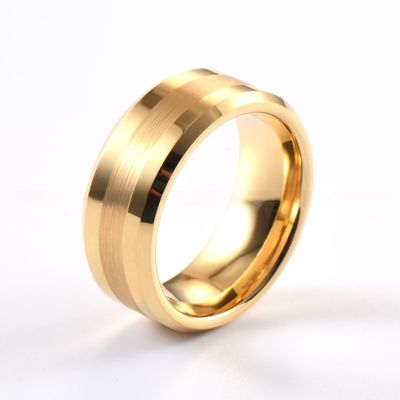 Tungsten Carbide Men's Wedding Ring with 8mm Brushed Centre and 18K Gold Polished Beveled Edges
