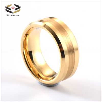 Tungsten Carbide Men's Wedding Ring with 8mm Brushed Centre and 18K Gold Polished Beveled Edges