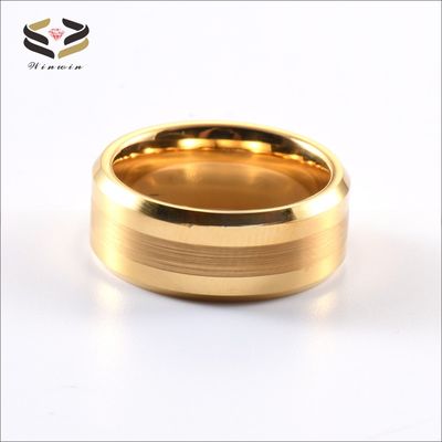 Tungsten Carbide Men's Wedding Ring with 8mm Brushed Centre and 18K Gold Polished Beveled Edges