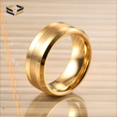 Tungsten Carbide Men's Wedding Ring with 8mm Brushed Centre and 18K Gold Polished Beveled Edges
