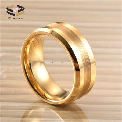 Tungsten Carbide Men's Wedding Ring with 8mm Brushed Centre and 18K Gold Polished Beveled Edges