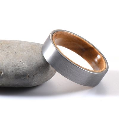 6mm Brushed Silver Tungsten Flat Edges with Olive Wood Inner Wedding Ring for Men Women Comfort Fit and Scratch Resistant