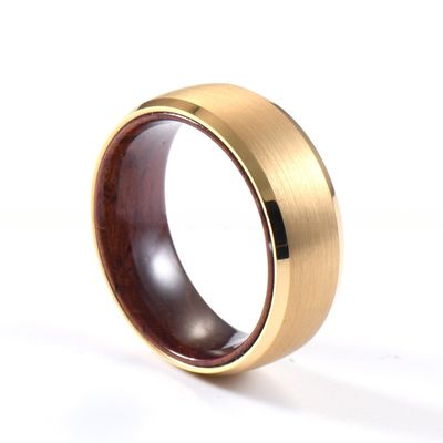 TRENDY Style 8mm 18K Gold Plating Tungsten Carbide Ring Wood Wedding Band with Rosewood Inner Beveled Edge Comfort Fit
