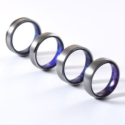Sample Making 6mm Brushed Silver Tungsten Carbide Rings Inlay Blue Purple Box Elder Wood Flat Dome Beveled Edge Wedding Band