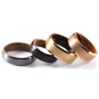TRENDY Style 8mm 18K Gold Plating Tungsten Carbide Ring Wood Wedding Band with Rosewood Inner Beveled Edge Comfort Fit