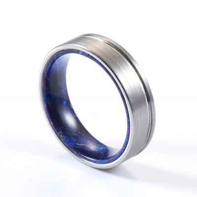 Sample Making 6mm Brushed Silver Tungsten Carbide Rings Inlay Blue Purple Box Elder Wood Flat Dome Beveled Edge Wedding Band
