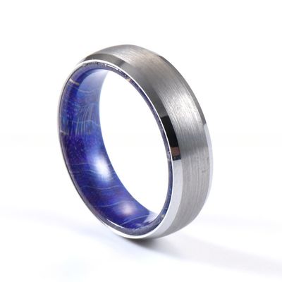 Sample Making 6mm Brushed Silver Tungsten Carbide Rings Inlay Blue Purple Box Elder Wood Flat Dome Beveled Edge Wedding Band