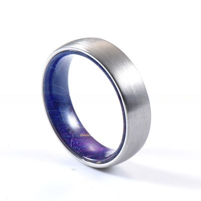 Sample Making 6mm Brushed Silver Tungsten Carbide Rings Inlay Blue Purple Box Elder Wood Flat Dome Beveled Edge Wedding Band