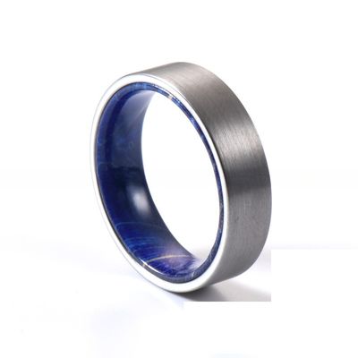 Sample Making 6mm Brushed Silver Tungsten Carbide Rings Inlay Blue Purple Box Elder Wood Flat Dome Beveled Edge Wedding Band