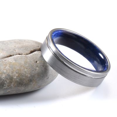 Sample Making 6mm Brushed Silver Tungsten Carbide Rings Inlay Blue Purple Box Elder Wood Flat Dome Beveled Edge Wedding Band