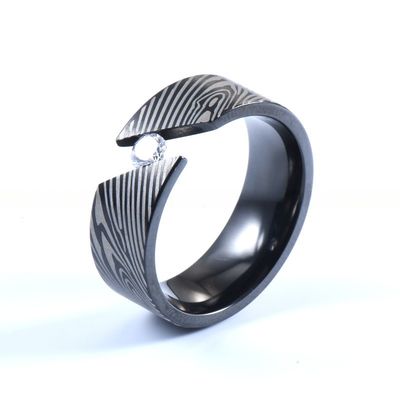Men'S Titanium Rings Laser Damascus Steel Wood Grain Cubic Zirconia Inlayed