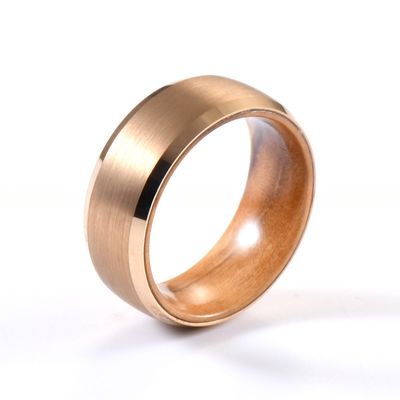 Geometric 8mm Mens Wooden Wedding Ring with Olive Wood Insert Rose Gold Tungsten Carbide Beveled Edges Comfort Fit