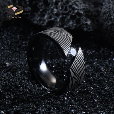Men'S Titanium Rings Laser Damascus Steel Wood Grain Cubic Zirconia Inlayed