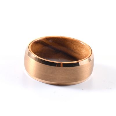 Geometric 8mm Mens Wooden Wedding Ring with Olive Wood Insert Rose Gold Tungsten Carbide Beveled Edges Comfort Fit