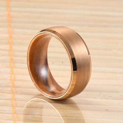 Geometric 8mm Mens Wooden Wedding Ring with Olive Wood Insert Rose Gold Tungsten Carbide Beveled Edges Comfort Fit