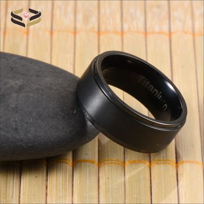 Men'S Black Titanium Wedding Bands 8mm Brushed Finished With Stepped Edges