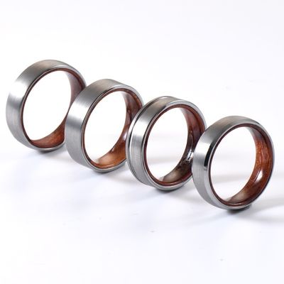 Geometric Pattern Tungsten Wedding Band for Men and Women 6mm Rose Wood Inner Ring in Beveled or Offest Grooved Styles